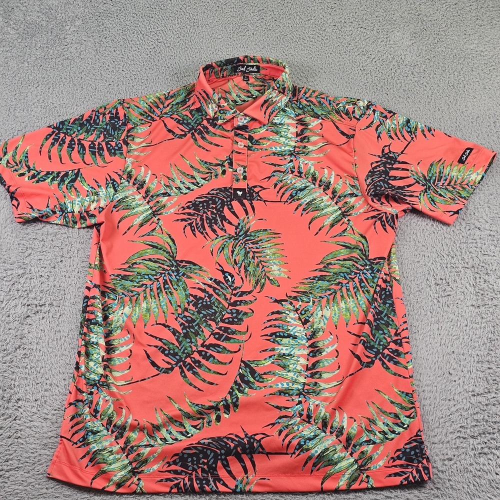 Bad Birdie Polo Shirt Mens Large Coral Tropical Palm Print Golf Stretch Sport - Picture 2 of 10